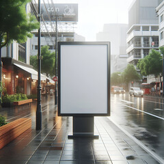 Blank white billboard stand or mupi mockup on sidewalk after rain with street and city background