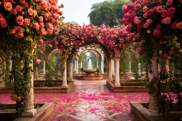 Fototapeta premium Romantic rose-covered arches lead to a serene fountain, surrounded by a blanket of fallen petals