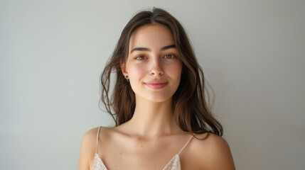 Obraz premium natural charm of a captivating young woman model shines through as she faces the camera with happiness while wearing a beautiful dress.