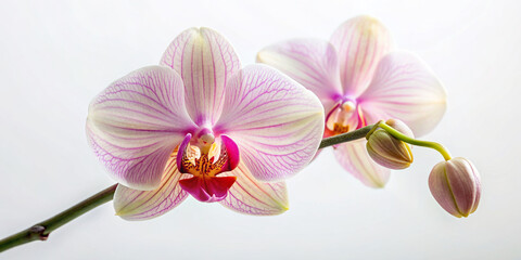 Fototapeta na wymiar twig, pink orchid flower, on a stem, close-up, on a white background