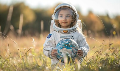 Girl wearing astronaut costume holding cut out of earth standing on grass - Powered by Adobe