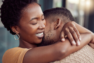 Love, romance or happy black couple hug in villa on holiday vacation together with peace, support...