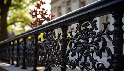 Detailed view of metal railings set against a backdrop of a tree in the distance