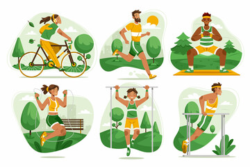 Hand drawn flat outdoor training elements set collection