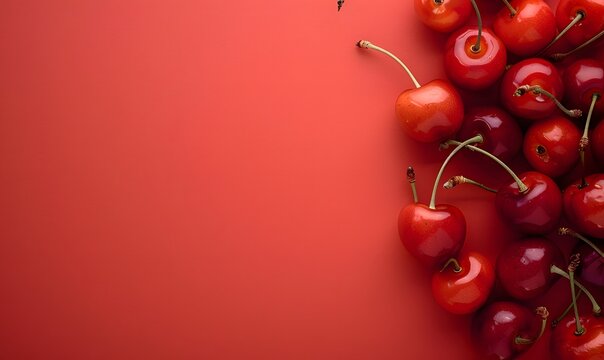 Fresh cherries on red background, Generative AI