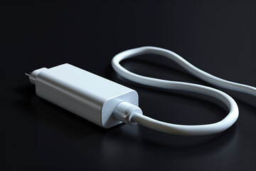 Smart Phone Charger Cable on black Background White charger with cable 3D Rendering 3D Illustration , energy concept