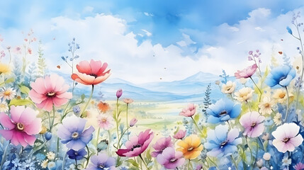 Field of blooming flowers under a blue sky, watercolor illustration.