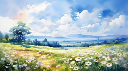 Obraz premium Field of blooming flowers under a blue sky, watercolor illustration.