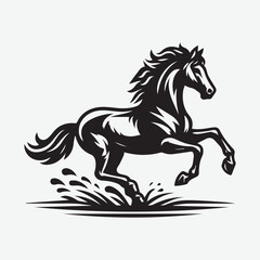 Horse galloping on a beach vector silhouette illustration. isolated silhouette of a horse galloping along the seashore against the sky