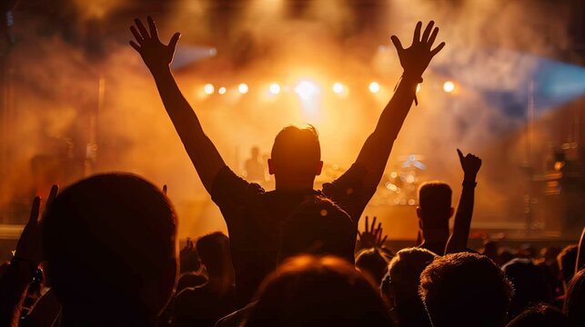 Christian worship with praise to God. Ready to raise your hand at the Christian music concert. Holy City. Copy space event.