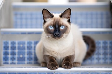 Close-up portrait photography of a smiling siamese cat crouching on decorative staircase