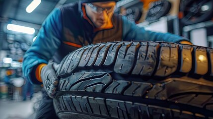 Tire-repairing service at garage; technician replacing winter/summer tires for safe road trips (transportation/automotive maintenance).