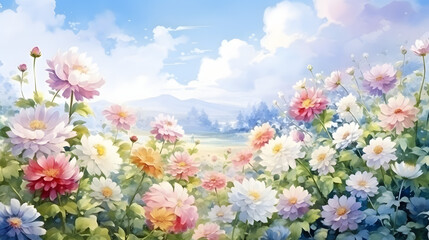 Obraz premium Field of dahlia blooming flowers under a blue sky, watercolor illustration.