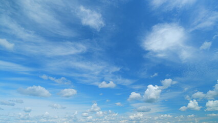 Blue heaven summer cloudscape. Rolling puffy white layered clouds are moving. Timelapse.