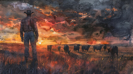 Sunset cattle count, Afro cowboy tallying, end of day, dusky sky , watercolor - Powered by Adobe