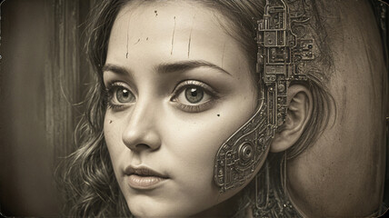 Head of a female android as a symbol of artificial intelligence. Cyborg, android, futuristic woman. Concept of futurism, digital world and artificial intelligence.