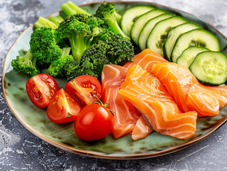 Healthy breakfast of pieces of red salmon, avocado, tomatoes and cucumbers on a decorative plate