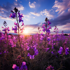 Naklejka premium Purple wildflowers under a sky backdrop