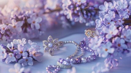 Dazzling accessories set against a soothing lavender background, captured in close-up to emphasize their luminous allure