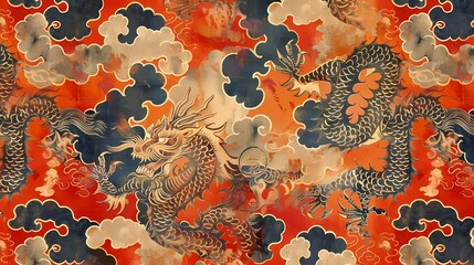 Mystical dragons among clouds on ancient tapestry
