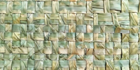 Fototapeta premium Handwoven bamboo pattern, light green and beige a handmade rattan wall texture,Rattan texture, handcraft bamboo weaving texture background, banner