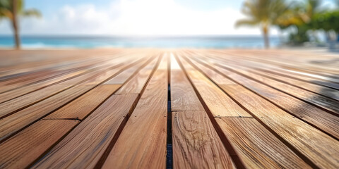 Teak wood deck surface with a blurred background of a lively boardwalk, perfect for outdoor furniture or summer leisure products