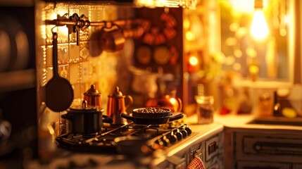 Miniature Culinary Scene with Tiny Pots and Pans