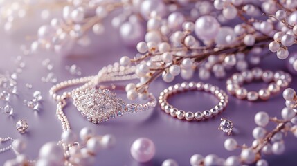 Elegant display of sparkling jewelry and accessories on a muted lavender backdrop, perfect for emphasizing luxury and charm