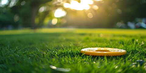 Vibrant green grass surface with a soft-focus background of a frisbee game in a park, perfect for sports gear or leisure products
