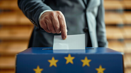 Person in a suit casting a ballot into a voting box. The box is blue with yellow stars. European elections concept. Generative AI image	