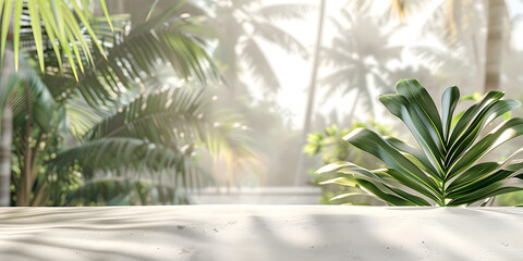 White sand tabletop with a soft-focus tropical island backdrop, suitable for travel accessories or resort wear 