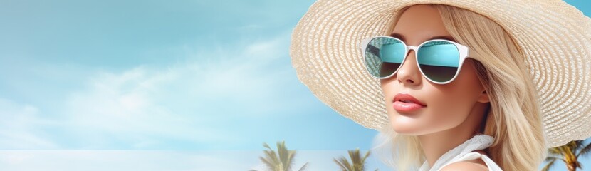 Fototapeta premium Tropical Tranquility: Woman in Straw Hat and Sunglasses Amid Palm Trees, Embracing Relaxation