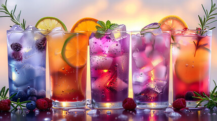 A row of colorful drinks with a bunch of berries on the table. cocktails mix on white background, A row of colorful drinks blue, purple, pink colors - Powered by Adobe