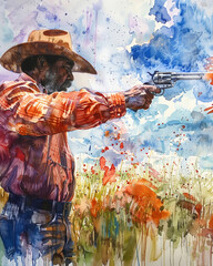 Range shooting practice, Afro cowboy honing skills, focused, open field , watercolor
