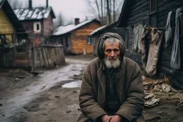 Pensive senior male rests outside a wooden shack, embodying rural life