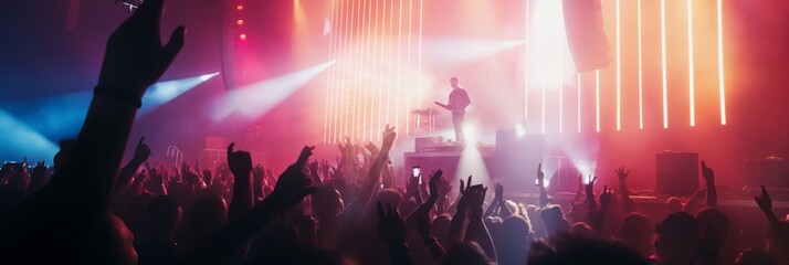 An exuberant crowd raises their hands in excitement during a vibrant live music concert with bright stage lights