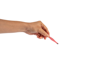 Pink hair tweezers in hand isolated on transparent background