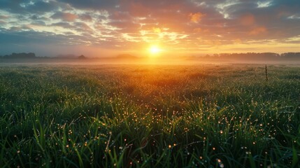 Serene pasture at sunrise, captured in documentary photography style, highlighting the peaceful, dew-covered grasslands for an agricultural magazine