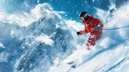 The adventure of alpine skiing, portrayed in editorial photography style, capturing the action and thrill against a breathtaking mountain backdrop for a sports magazine