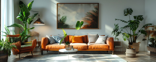 Chic and inviting living room designed with vibrant indoor plants, a stylish burnt orange sofa, and...