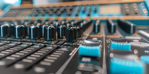 close up of the sound board inside a recording studio, Equalizer of mixing console,