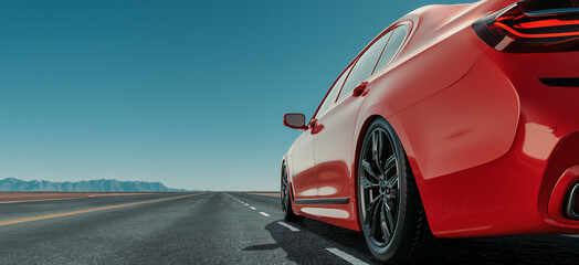 Close-up side view of an red luxury sports car on the road as the sun sets.3d render and illustration.
