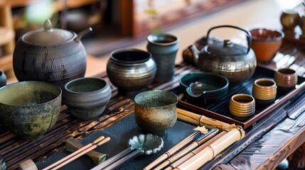 Traditional tea set arranged on a wooden table