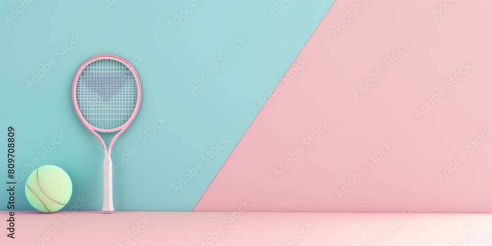 Wall mural tennis ball and racket in 3d style on pastel colors with space for text - Wall murals
