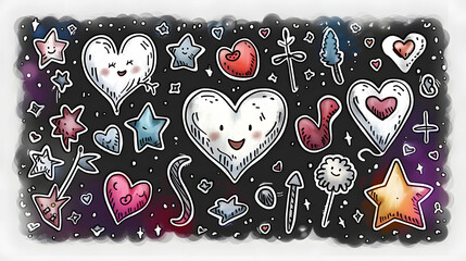 Doodle element modern set with heart, arrows, scribbles, speech bubbles, flowers, stars, words. For use in print, cartoons, cards, decorations, stickers.