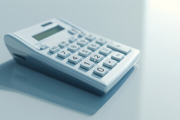 Render a high-definition image featuring a close-up view of a calculator with enhanced lighting and shadows, emphasizing its design elements against a plain white surface.