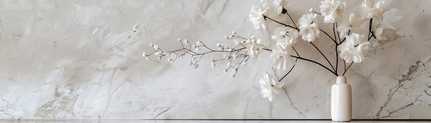 A minimalist still life image of a vase of white flowers on a marble background