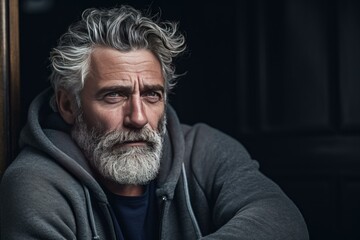 Obraz premium Close-up of a thoughtful elder man with silver hair, looking away