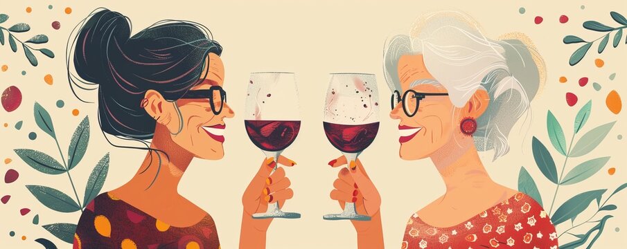 Two cute old ladies drinking wine and having fun together.