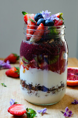 Yogurt parfait with strawberry and raspberry chia jam and fresh fruit